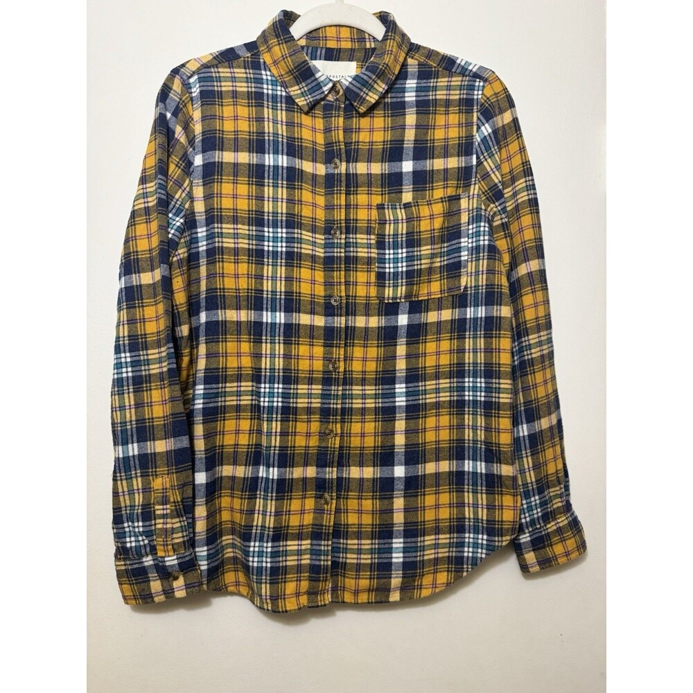 Aeropostale Flannel Shirt Womens Medium Yellow Plaid Excellent Boyfriend 5966